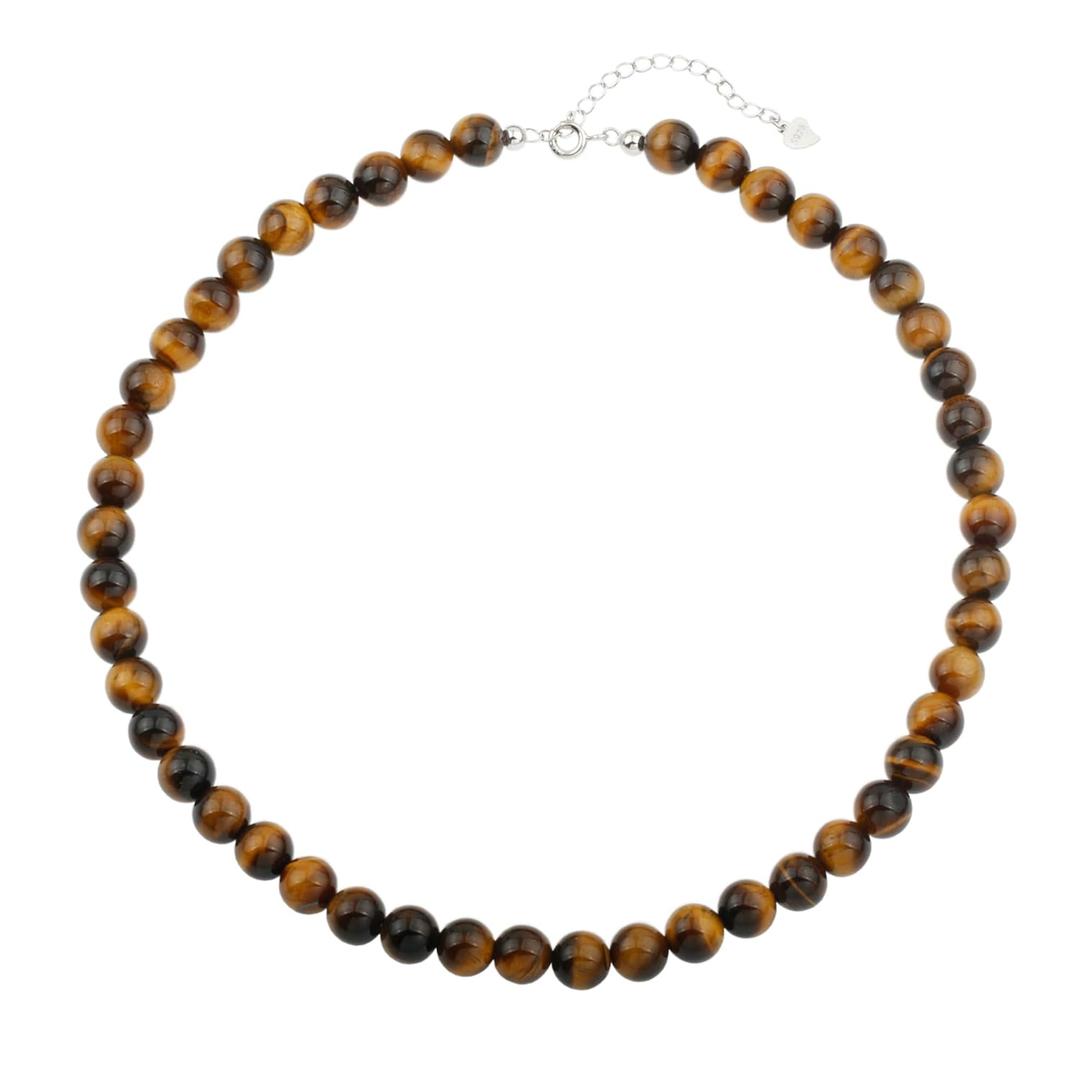 Natural Tiger Eye Gemstone Choker Necklace Sterling Silver 8MM Round Beads Strand Necklace for Women (8 MM //40+5 CM)