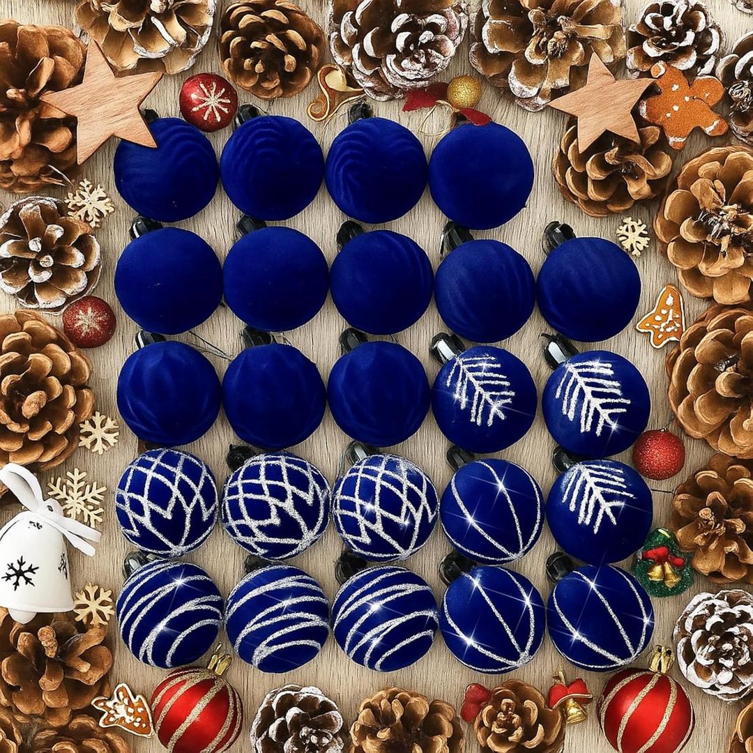 Namalu Royal Blue 24 Pcs 1.57 Inches Velvet Ornaments for Christmas Tree Decor, Mini Flocked Christmas Balls Decoration Glitter Hanging Tree Ornaments for Holiday Rustic Modern Party Decor