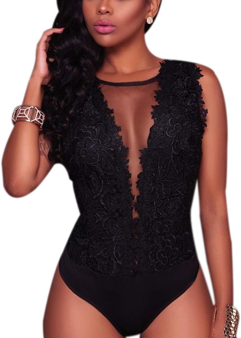RARITYUS Women Sexy Lace Bodysuit Jumpsuit See Through Mesh Sleeveless/Long Sleeve Tops Swimsuit for Party Outfit (Large, A Black Backless)