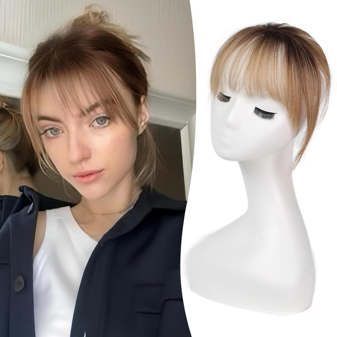 Bangs Clip in Bangs, 100% Real Human Hair Bangs Wispy Bangs Hair Pieces, 3 Secure Clips in Full Fringe Natural Thick Volume Fake Bangs for Women Girls in Hair Extensions (Ombre Ash Blonde)