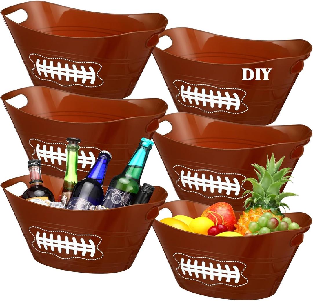 6 Pcs Brown Football Plastic Ice Bucket Drink Cooler Bulk 4.5l Oval Storage Basket Tub with Handles for Summer Sport Birthday Party Decoration Supplies
