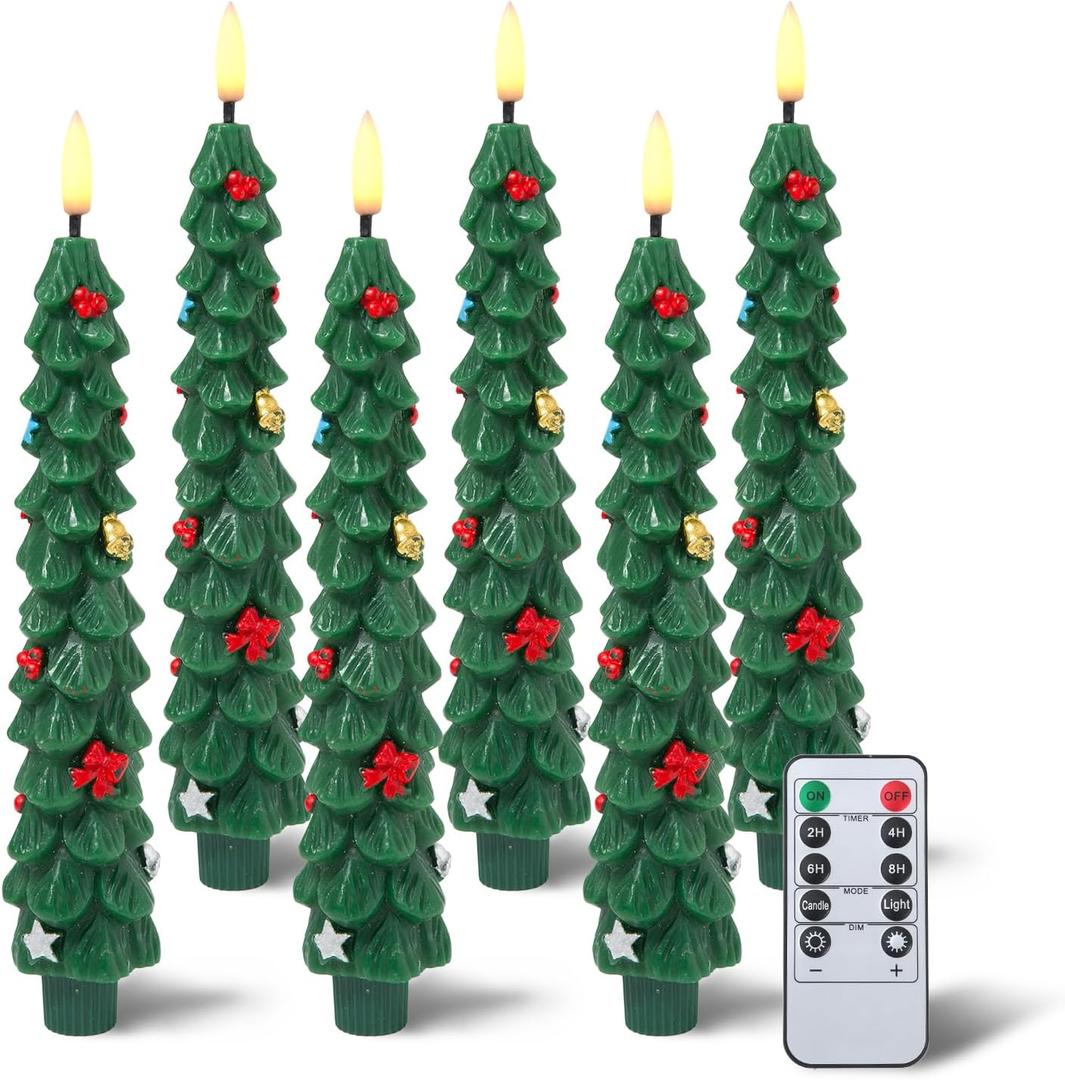 Flameless LED Christmas Tree Candles, 6 Pack  Battery Powered Holiday Lights with Warm Flickering Glow, Safe No-Flame Decor for Mantels, Dinner Parties, Family Gatherings & Gifting