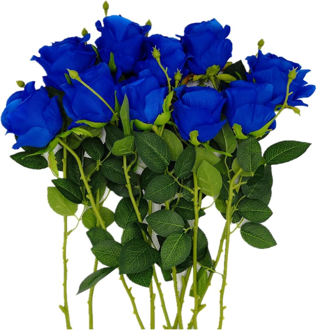 AnotherGifts 10pcs Artificial Silk Flowers Fake Rose Flower Long Stems Bouquet for Arrangement Wedding Centerpiece Party Home Kitchen Decor (Royal Blue)