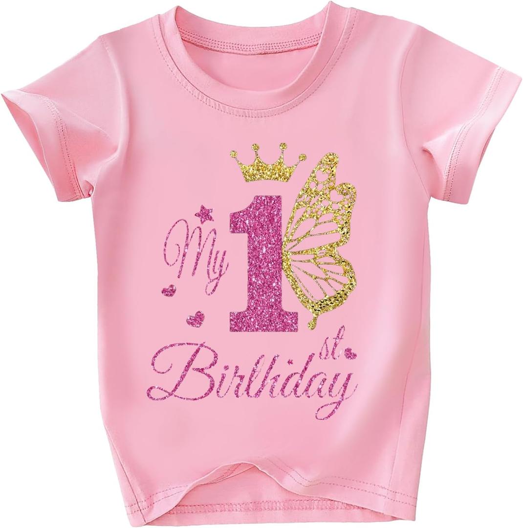 3 x Toddler Girls First Birthday Shirts for Girls One Years Old Outfit for Party Tshirt (Pink)
