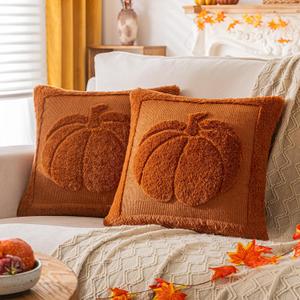 Burnt Orange Pumpkin Fall Pillow Covers 20"x20" Set of 2, Embroidered Faux Fur Decorative Throw Pillow Covers for Couch Soft Fluffy Plush Cushion Cases for Farmhouse Halloween Home Decor