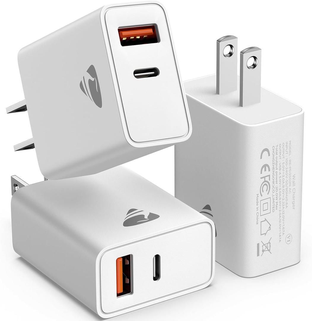 USBC Charger Block, 3-Pack Wall Charger USB C Block Dual Port 20W USB-C Power Adapter Plug PD+QC USB-A Cube Fast Charging Blocks for iPhone 17 Pro Max/16/15/14/13/12/11/XR/8/SE, iPad, Samsung Galaxy