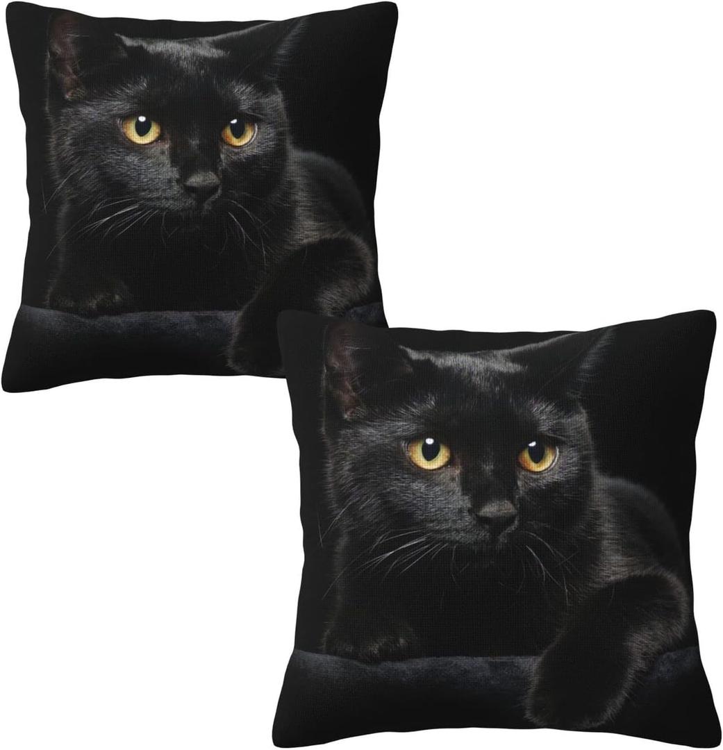 Black Cat Throw Pillow Covers Decorative Linen Pillow Cases Set of 2 Square Cushion Cover for Couch Sofa Bedroom Patio 18x18 Inch