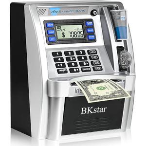BKstar ATM Piggy Bank for Kids - Talking Electronic Money Bank with Debit Cards & Digital Coin Counter for Real Money, Boys Girls (Black/Silver)