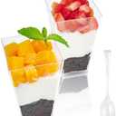 JOLLY CHEF  3 oz Square Mini Dessert Cups with Spoons, Clear Plastic Parfait Appetizer Cup, Small Plastic Dessert Serving Bowl for Tasting Party