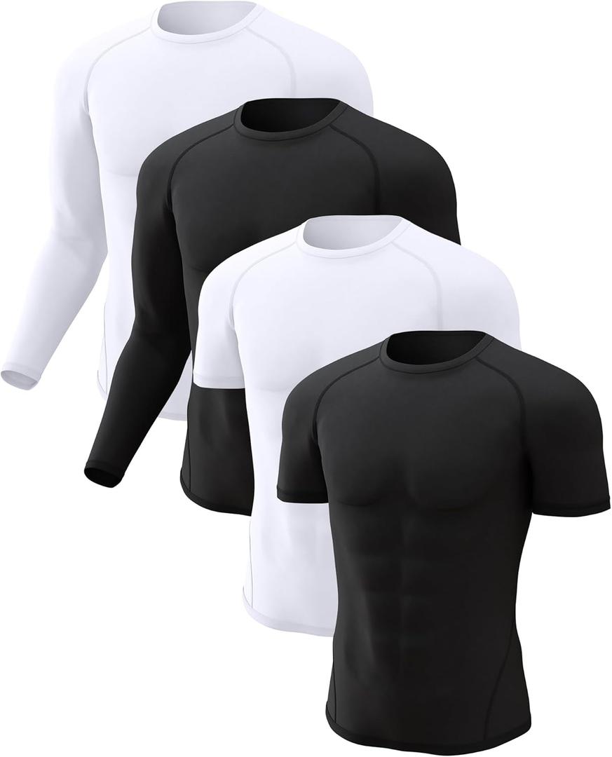 CL convallaria 4 Pack Compression Shirts Men Long Short Sleeve Cooling Dry Rash Guard Athletic Workout T Shirt for Sports (Large, 2 Black & 2 White)