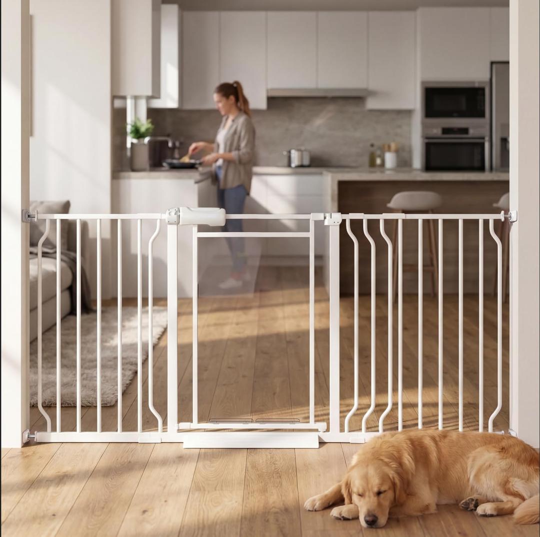 Triple-Lock Acrylic Extra Wide Baby Gate 57.5"-65.74", Crystal Clear Transparent Pet Gate for Dogs, Heavy Duty Metal Gate for Doorways, Pressure Mount Child Safety Barrier, Auto Close, White