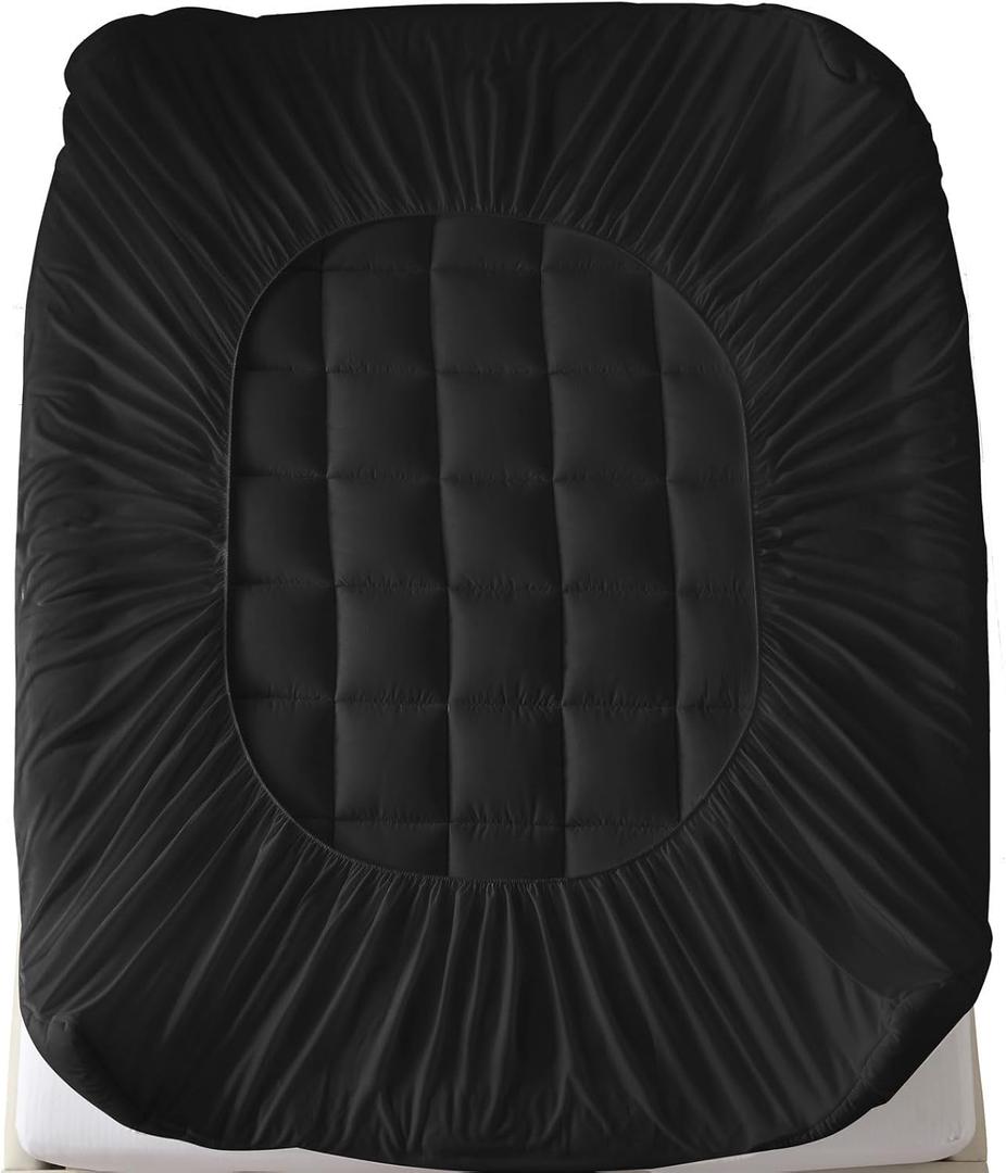 Fitted Bed Sheets Double King Size Single Quilted Waterproof Mattress Protector Small Twin Fitted Sheet Elastic Fastening Bottom Deep Polyester Bedspread Cover(Black,91x203cm)