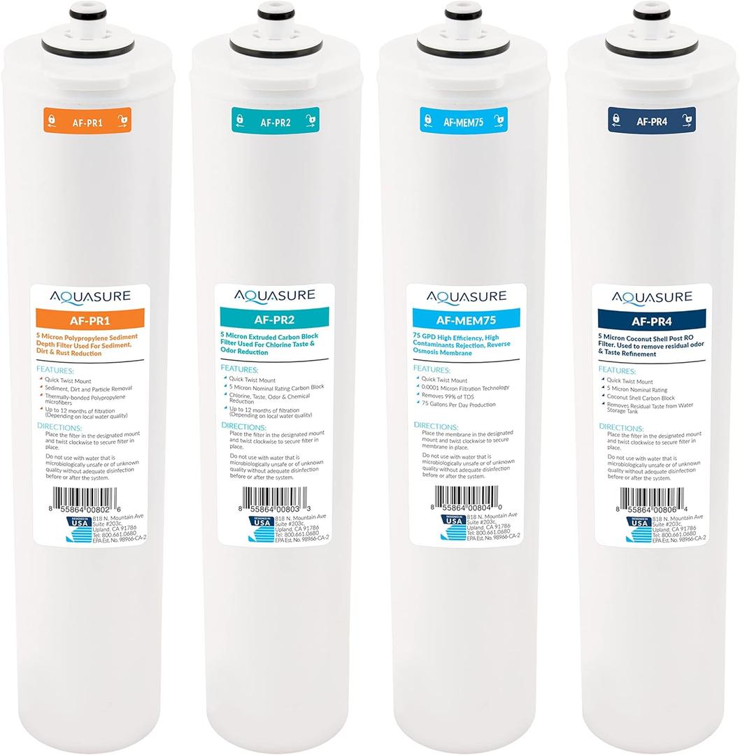 Aquasure Premier Series Complete 4-Stage Quick Twist Filter Replacement Cartridge Bundle Set AF-CP75 | Compatible with AS-PR75 4-Stage Under Sink Reverse Osmosis RO Water Filtration System