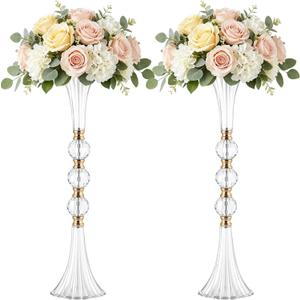 2 Pcs Crystal Acrylic Trumpet Vases, 24.8" Tall Flower Stand Centerpieces with Gold Accents