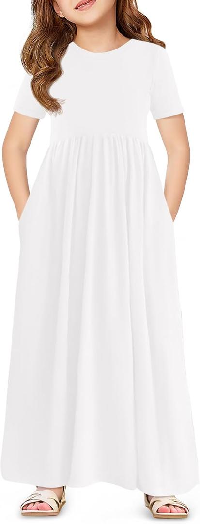 Haloumoning Girls Maxi Dress Short Sleeve Casual Holiday Summer Dress with Pockets for 13-14 Years