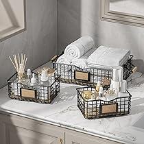 Bathroom Organizers and Storage, 3 Pack Storage Baskets for Shelves, Multipurpose Bins Organizer with Wooden Handles, Decorative Organizer Baskets Set for Bathroom, Laundry, Living Room - White (Large & 2*Extra small)
