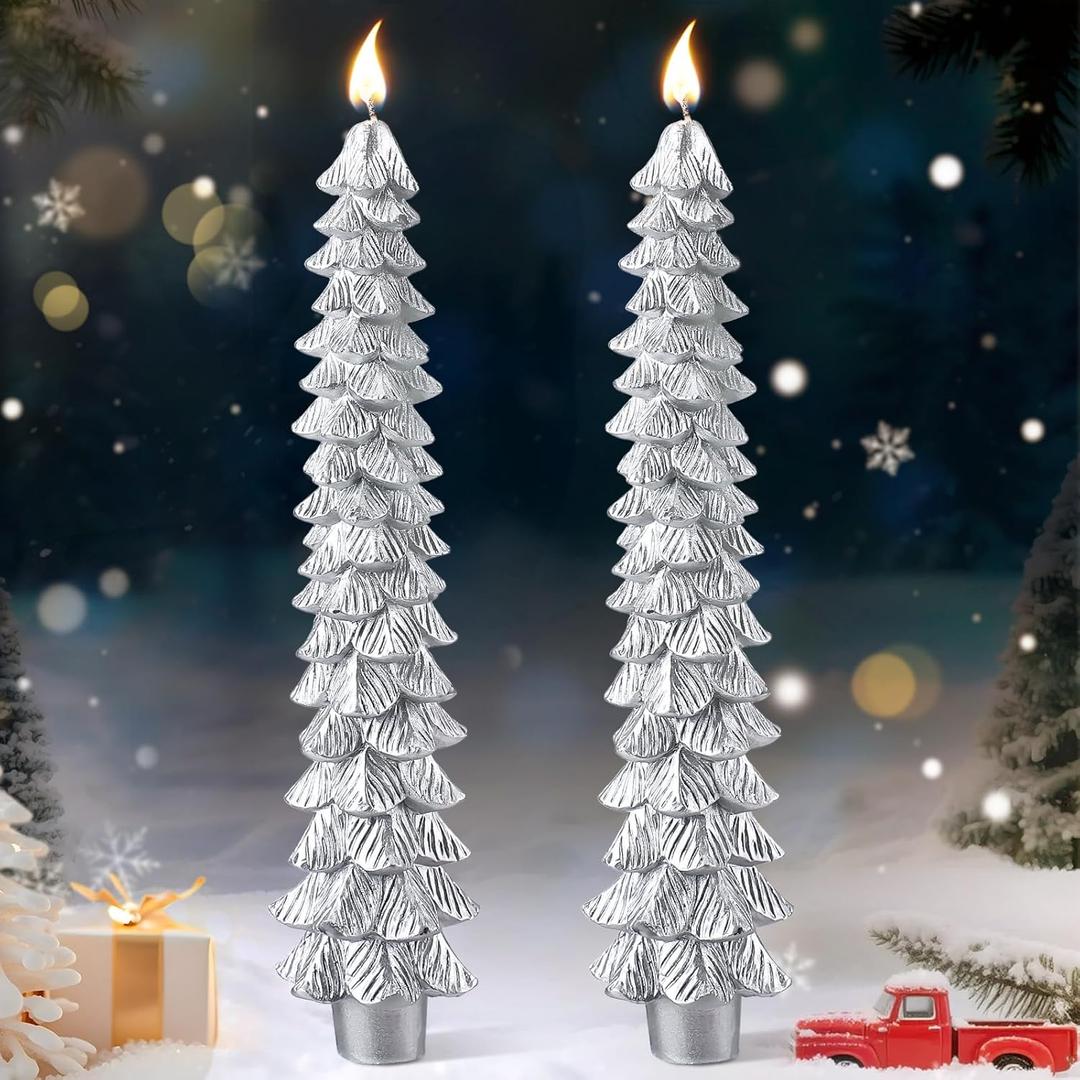 2 Pcs 10 Inch Christmas Tree Candles, Premium Natural Unscented Beeswax Christmas Tree Shaped Taper Candles with Cotton Wick, for Xmas Holiday Decor Party Banquet (Silver)