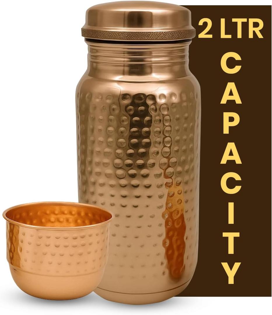 Leathervine 100% Pure Copper Water Bottle for Drinking 64 oz with Lid| Leak Proof Ayurvedic Vessel to Support Digestion, Immunity | Lightweight, Eco-Friendly, Travel Use, Best Gift for Wellness Lovers