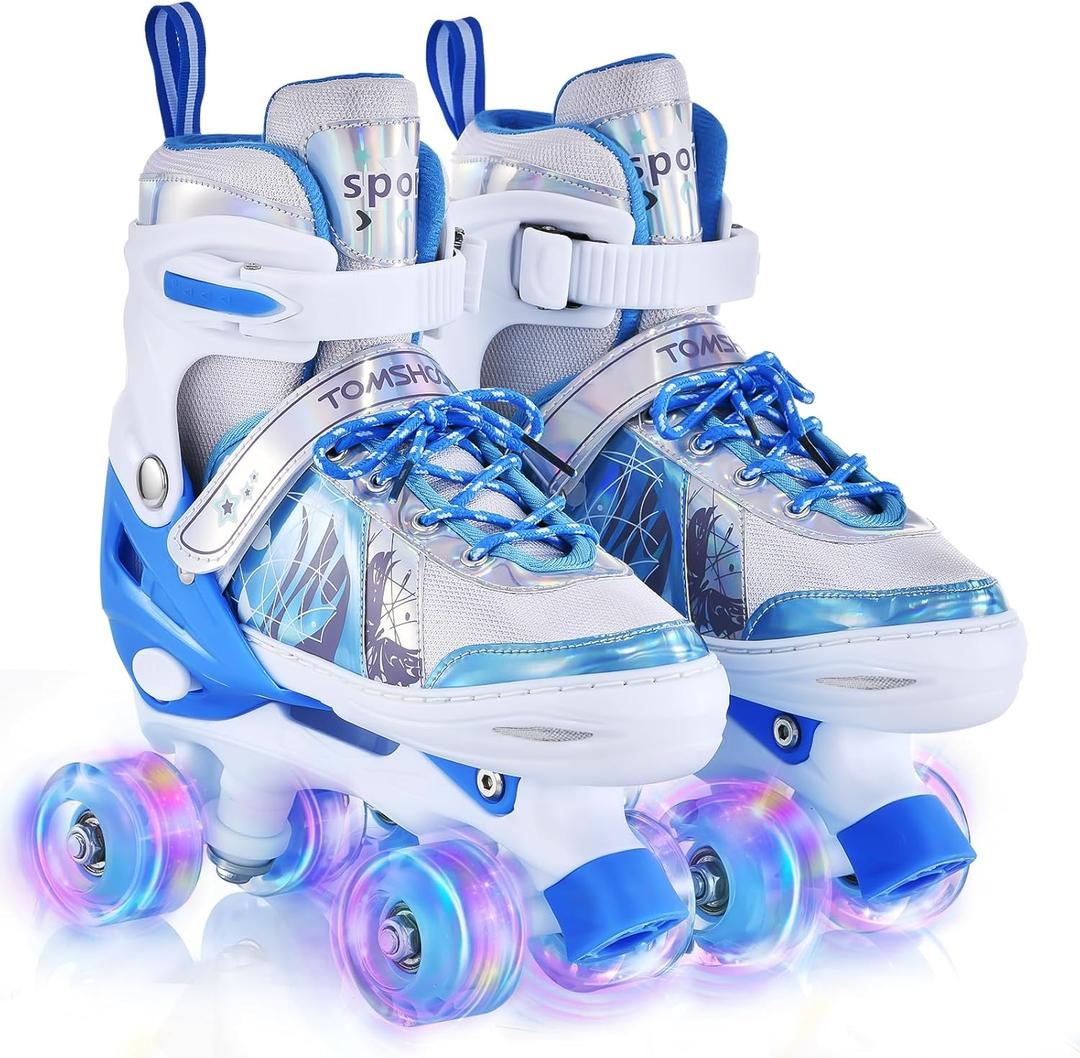 TOMSHOO Roller Skates for Girls Kids Child Beginners, 4 Size Adjustable Light up Wheels Fun Illuminating Skates for Boys Toddlers Patines para nias (Large - Youth (3.5-6), Blue)