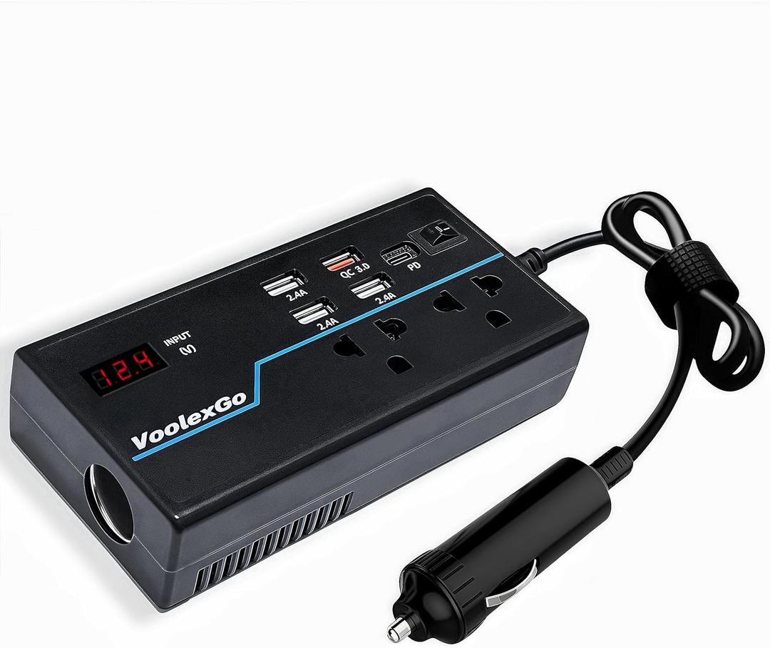 200W Car Power Inverter, 12V/24V DC to 110V AC Car Converter with 4 USB Port, Fast Charger Converter with 30W PD USB-C, Multi-Protection Car Outlet Adapter for Vehicles
