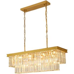 Weesalife Gold Crystal Chandeliers for Dining Room，11-Lights L33.5 Inch
Modern Rectangle Chandeliers for Dining Room Light Fixtures Over Table,Kitchen Island Bar，Adjustable Height ，E12 Base