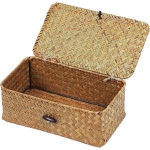 Wicker Storage Basket with Lid, Natural Seagrass Storage Baskets for Organizing, Rectangular Woven Basket for Storage, Decorative Boxes Bins with Lids Home Organizer Decor (9.05" x 5.11" x 3.34")