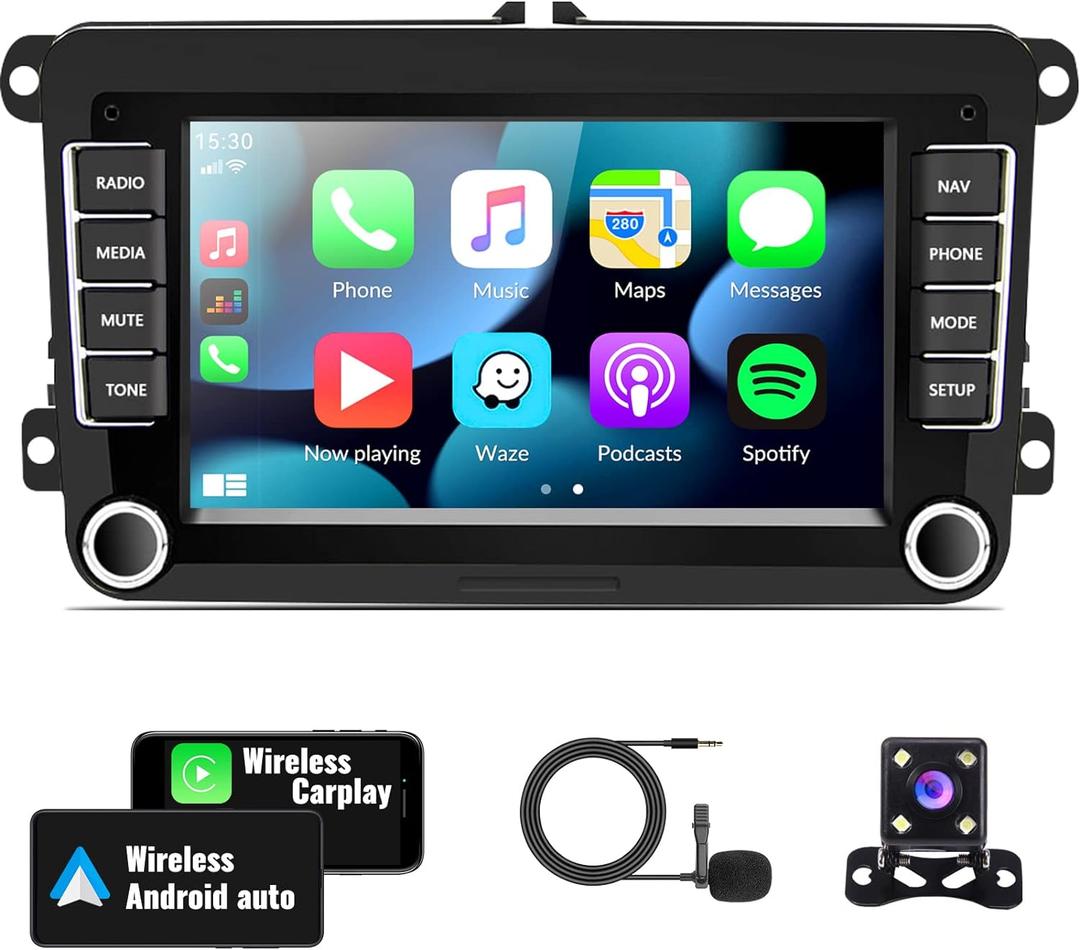 Android Car Stereo for VW Volkswagen Seat Golf Passat Jetta Beetle Tiguan Touran EOS 7 Double Din Touchscreen Bluetooth Radio with Apple CarPlay Android Auto GPS Navigation WiFi FM Backup Camera MIC