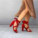 Strappy Heels for Women Chunky Heels High Heeled Sandals with Lace Up Fahsion Casual Nude Block Heel Sandals (Red) 9