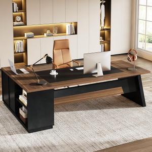 Tribesigns 78" L-Shaped Executive Desk, Large Office Desk with Drawers and File Cabinet, Modern Business Furniture for Home Office (Light Walnut + Black)
