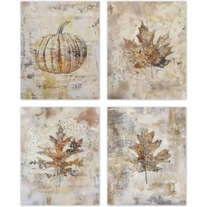 3 x TLESKE Vintage Fall Leaves Pumpkin Posters Prints Unframed 8x10 Set of 4, Autumn Rutsic Maple Oak Leaf Wall Art Prints Decor for Farmhouse Bedroom Living Room, Thanksgiving Wall Pictures (10L" x 8W")