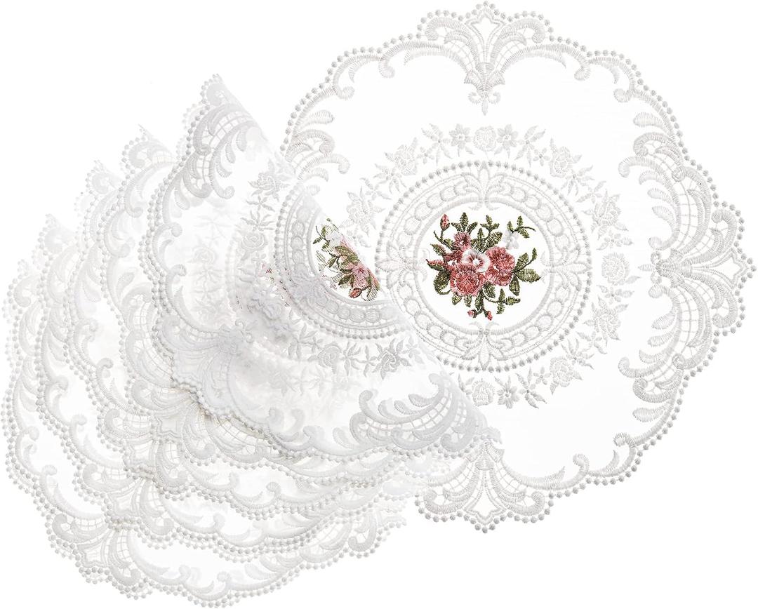 6 Pack Retro French Style Lace Placemats, 11inch Round Lace Doilies for Tables, Embroidered Cup Mat, Vintage Crochet Lunchmat Doilies for Home Decoration, Wedding, Tea Party, White