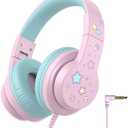 iClever Kids Headphones for School/Travel with Safe Volume 85dBA, HS19S Stereo Sound Over-Ear Girls Boys Headphones for Kids, Foldable 3.5mm Wired Headphone for iPad/Computer (A Pink Star)