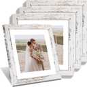 10x10 Picture Frame Set of 4, Made of Glass and Distressed White Wooden Frame - Display Picture 8x8 with Mat or 10 x 10 Without Mat, 10 by 10 Photo for Wall or Tabletop