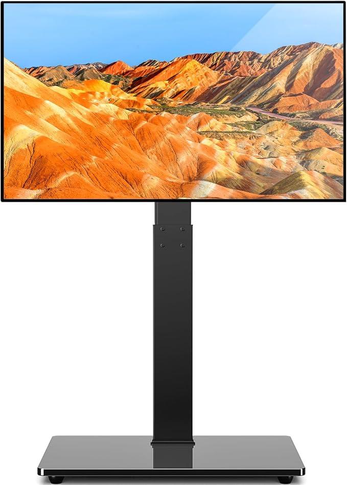 Universal Floor TV Stand Base for 32-75 Inch TVs up to 110 Lbs with Swivel Height Adjustable Mount, Black Tempered Glass Base for Media Storage and Space Saving