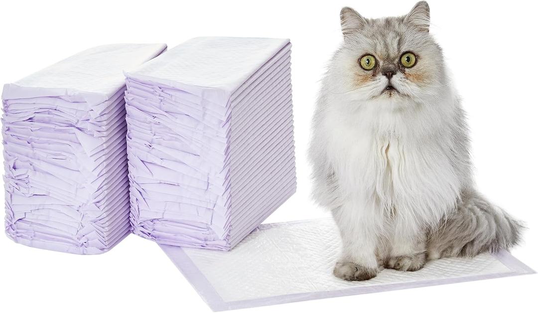 Amazon Basics Cat Pee Pads, 60 Count, Universal Fit for Litter Box, Odor Control, Unscented, White/Purple