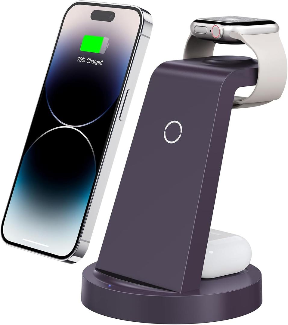 3 in 1 Charging Station for iPhone - Wireless Charger for Apple Products Multiple Devices - Charging Dock Stand for AirPods (for iPhone 16e 16 15 14 13 pro 12 11 X Max) (Purple)