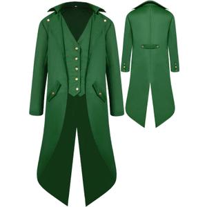 Renaissance Steampunk Tailcoat Halloween Costumes for Boys, Medieval Pirate Vampire Victorian Jacket Frock Coat Kids (Green, L)