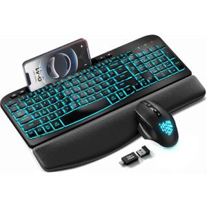 SABLUTE Wireless Keyboard and Mouse Combo - Ergonomic Wave Keyboard with Soft Leather Wrist Rest, Phone Holder, Rechargeable, RGB Backlit Mouse, Full-Size Set for Windows/ Mac/ Computer (Black)