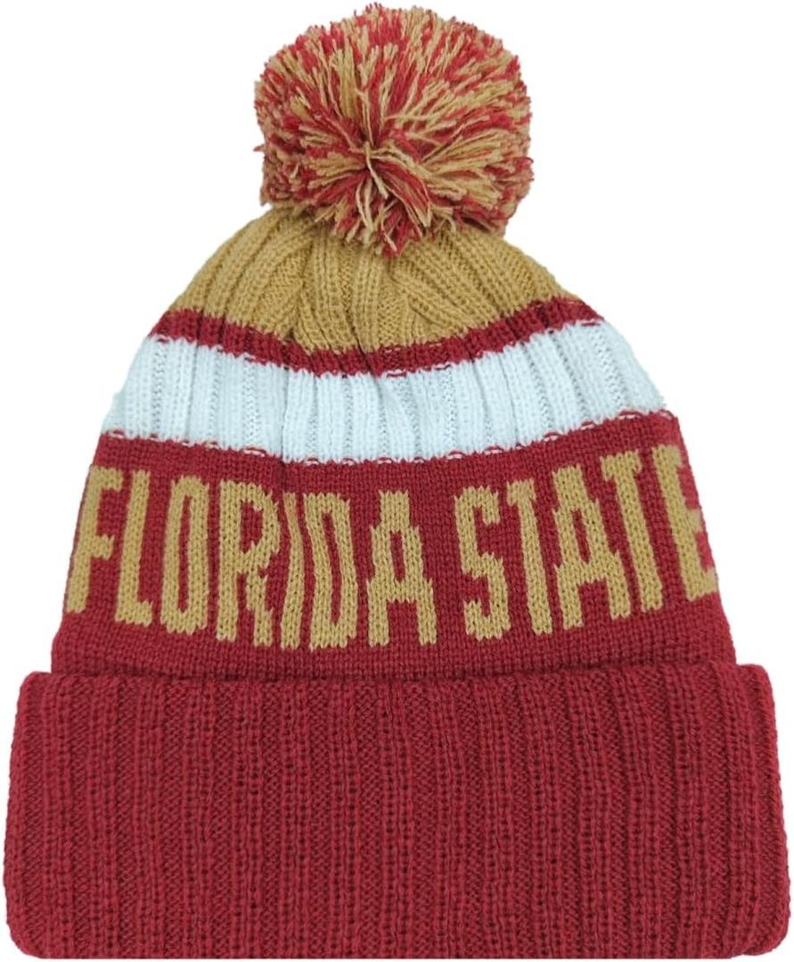 Beanie Knit Hat with Pom Winter Cuffed Cap Sport Fans Gift for Men Women (Red)