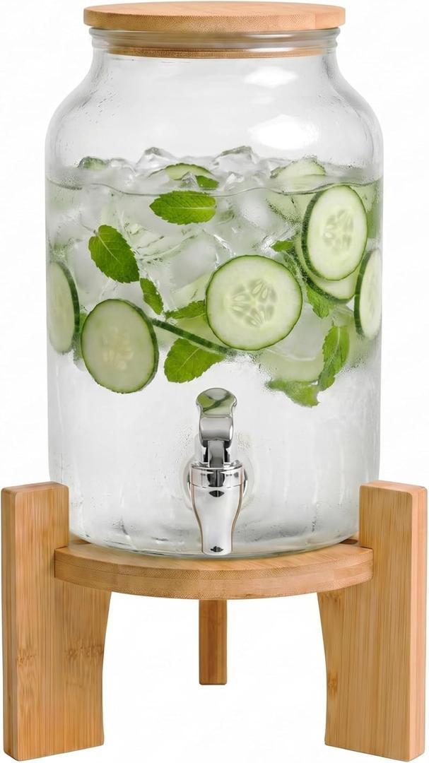 Delray Glass Beverage Dispenser with Bamboo Lid & Stand (4L / 1 Gal)