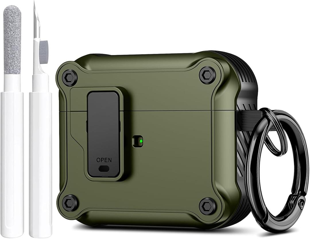 Maxjoy for Airpods 3rd Generation Case, Carbon Fiber Secure Lock Clip Full Body Shockproof Hard Shell Protective for Airpods 3 Case Cover with Keychain for AirPod 3rd Gen 2021 for Men, Military Green