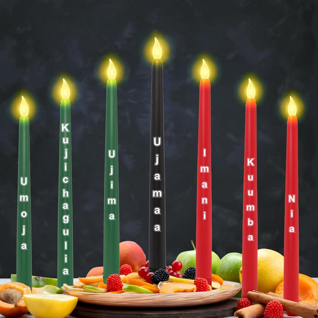 7PCS Kwanzaa Candles Decorations: Flameless Taper Battery Operated Kinara Decor Set with DIY Letter Stickers