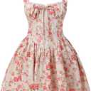 Women's Corset Dress Floral Mini Sexy Spaghetti Straps Low Cut Lace Short Dress Ruffle Summer Bustier Sundress (White Red) XL