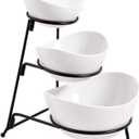 Partito Bella 3 Tier White Oval Bowl Set with Collapsible Thicker Metal Rack - Perfect Display for Chips, Dips, Candy, Fruit and More Collapsible Stand with Nesting Bowls for Easy Storage