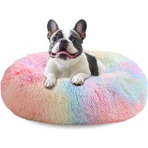 JOLLYVOGUE Calming Dog Beds Large Sized Dog, 36in Donut Washable Large Pet Bed, Anti-Slip & Anti-Anxiety Fluffy Faux Fur Round Dogs Bed, Fits up to 80 lbs Pets (Rainbow)