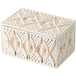 Boho Macrame Storage Basket with Lid Organza Gift Bags Decorative Wood Beads Bohemian Jewelry Box Bin Handmade Woven Natural Cotton Desk Makeup Organizer Shelf Container (Large Size)