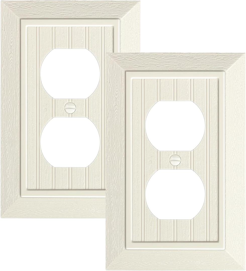 2-Pack Classic Beadboard Duplex Outlet Cover Plate, Decorative Unbreakable Polycarbonate Switch Plates and Outlet Covers, Light Almond Wall Plates for Electrical Outlets, 1 Gang Receptacle Cover