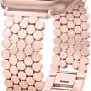Minyee Compatible with Apple Watch Band Women 41/40/38/44/45/46/49/42mm, Dressy Honeycomb Pretty Adjustable Metal Designer Classy Wristband for iWatch Series 11 10 9 8 7 6 5 4 3 2 1 Ultra SE (Pink)