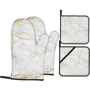Perinsto White Gold Marble Oven Mitts & Pot Holders 4 Pcs Set, Decorative Heat Resistant Cooking Gloves Microwave Oven Gloves for Kitchen Baking Grilling BBQ