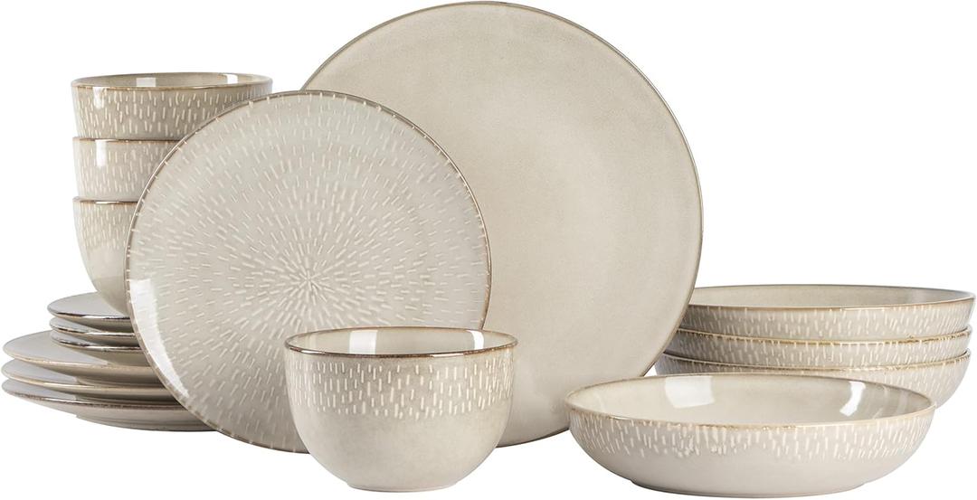 Gibson Elite Matisse 16-Piece Double Bowl Dinnerware Set  Service for 4, Taupe Stoneware Plates and Bowls